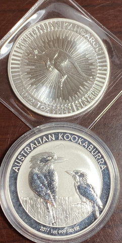 (2) Australian Silver Rounds (1) 2017 Kookaburra & (1) 2022 Australian Kangaroo  **FREE SHIPPING** CLICK FULL DETAILS TO BID!!