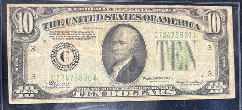 1934 A $10 Bill Philadelphia Printed "Lime Green" Federal Reserve Note  *C73475890A